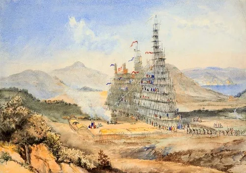A hākari (feast) stage, 1849: a tall scaffold stacked with kai for distribution between hapū